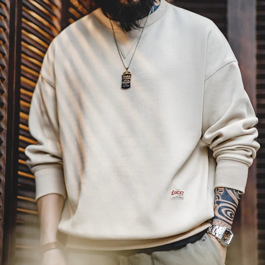 Heavyweight Round Collar Chenille Sweater for Men Spring and Autumn Basic Styles Long-sleeved Pullover Navy Blue T-shirts