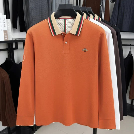 High end men's long sleeved polo shirt autumn fashion brand bee embroidery new business and casual color blocked lapel T-shirt