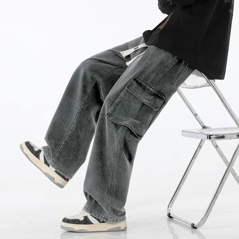 2024 New Men Baggy Cargo Jeans Fashion Streetwear Vintage Wide Leg Pants American Streetwear Y2K Big Pocket Youth Overalls