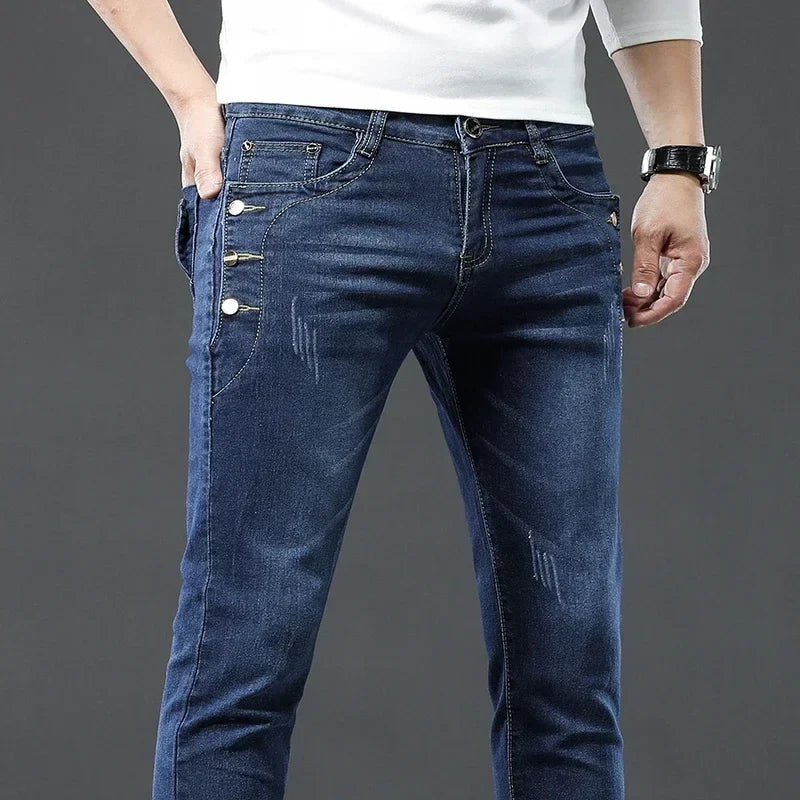 Men's Vintage Jeans Designer Korean Fashion Snowflake Wash Stretch Straight Pencil Pants Classic Slim Male Denim Trousers