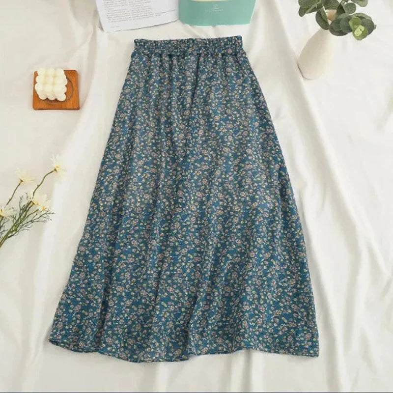 Women Chiffon Midi Skirt Korean Fashion Floral Loose Skirts High Waist Female Casual All Match A Line Skirts Summer New