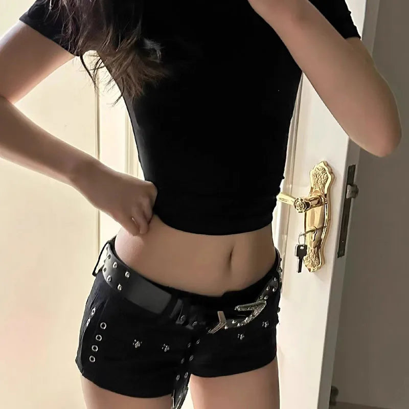 Women'S Punk Gothic Popular Denim Super Shorts Female Korean Fashion Slin Fit Hot Short Pants Black Sexy Low Waist Y2K Jean Shor