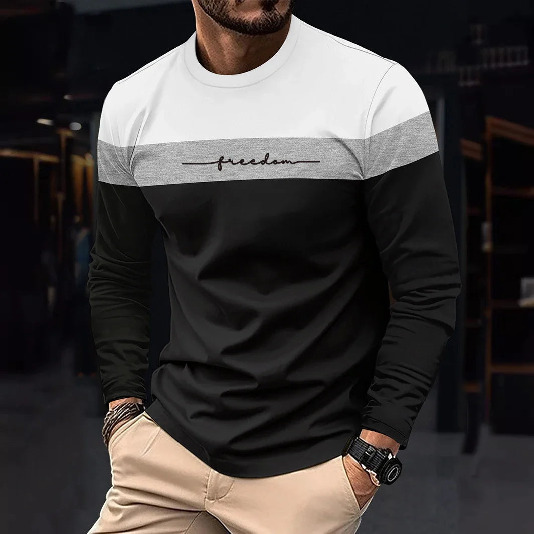 2026 Autumn Men's T-Shirt Clothing Fashion Oversized Crew Neck Long Sleeve T-Shirt Top Simple Casual Stripe T-Shirts For Men