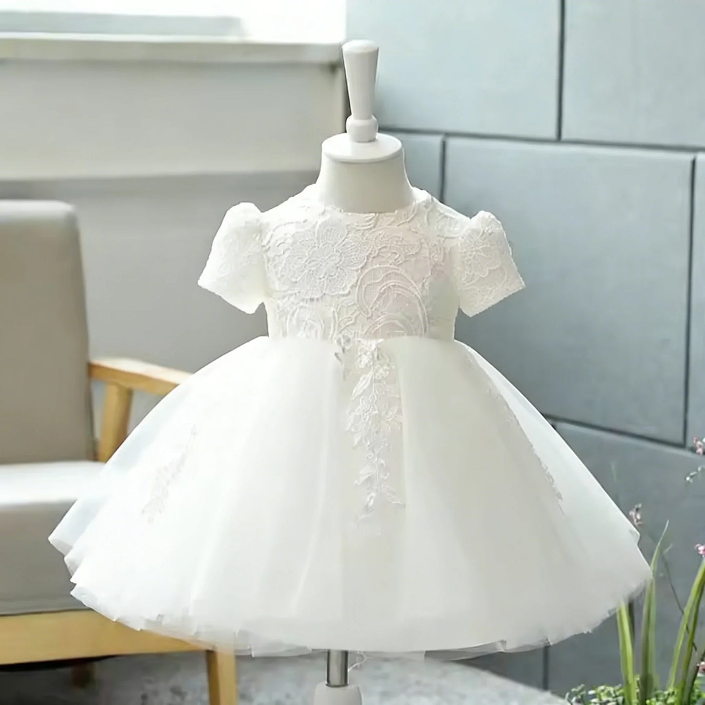 Children White Lace Tulle Dresses Evening Party Kids Sleeveless Ball Gowns 1st Birthday Baby Girl Princess Ceremonial Dress