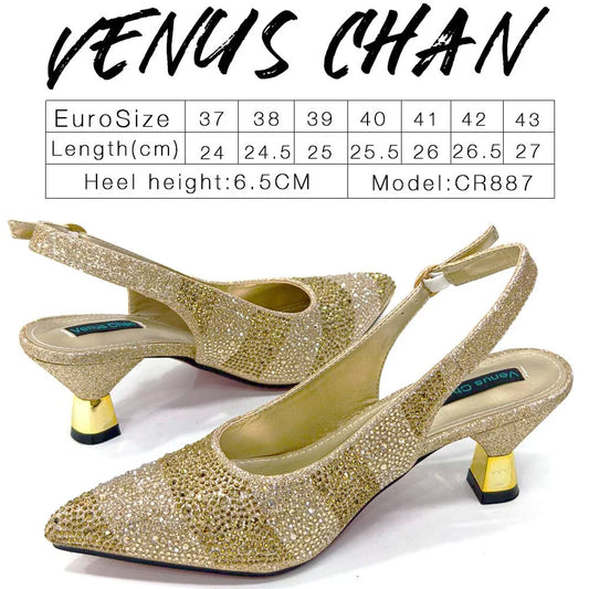2024 Hot Selling INS Pointed-Toe Luxury Style High Heels Sandal With Bag Set in Gold Color For Wedding Party Women