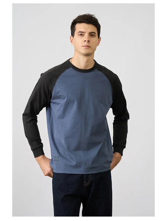 2026 Spring New 240g/sm Sorona Fabric Long Raglan Sleeve T-shirts Men Contrast Colors Tops
