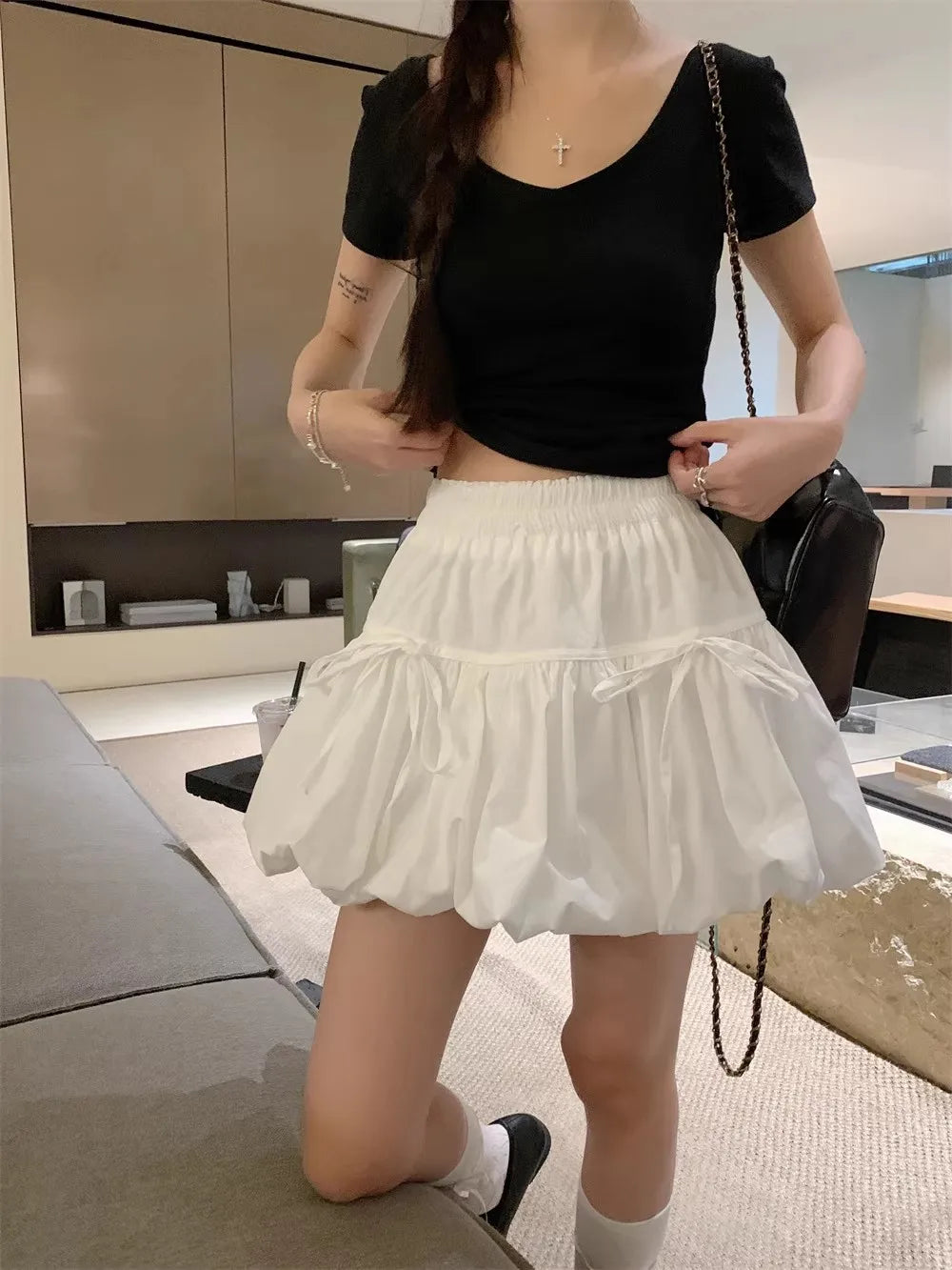 Sweet Knot Puffy A-Line Skirt Women's Summer Polyester Fiber High Waist Flower Bud Skirt Casual Sle