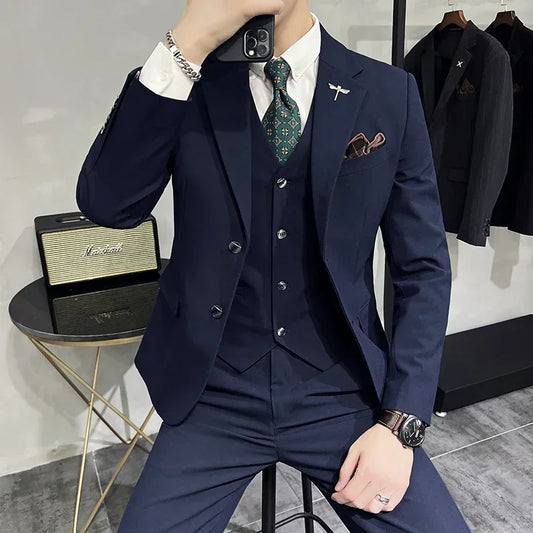 ( Jacket + Vest + Pants ) High-end Brand Boutique Fashion Solid Color Mens Casual Business Suit 3Piece Set Groom Wedding Dress