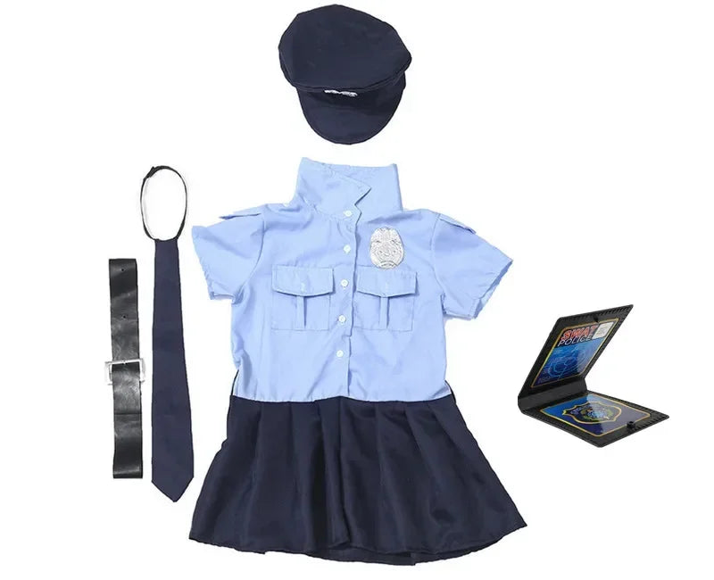 Girls Police Officer Work Uniform Halloween Role Play Button Costume Police Toy Accessory with Walkie Talkie Whistle Baton Gift