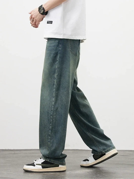 2025Spring Autumn New Men Straight Vintage Fit Jeans Casual Trousers High Quality Male Korean Fashion Baggy Wide Leg Denim Pants