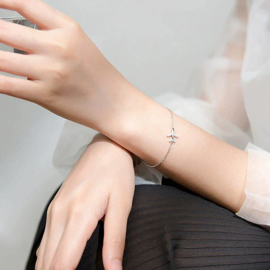 Mode 925 Argent Sterling Lumineux CZ Mignon Mini Avion Bracelet pour Femmes Chaîne à Maillons Style Coréen Bijoux Fins