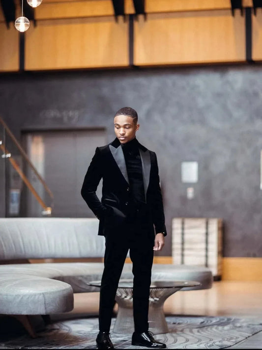 Autumn Men's Slim Fit Velvet Suit Set 2 Pieces Wedding Groom Sets,Formal Balck Man Suits Banquet Party Outfit Plus Size Tuxedo