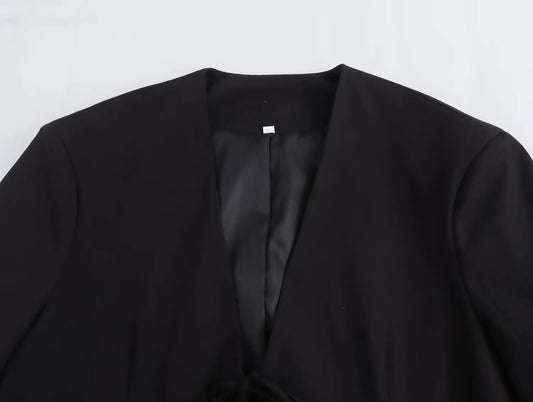 Casual Oversized Black Blazer Women V Neck Bow Tie Pockets Loose Jackets Fashion 2025 Fall Streetwear Women Outwears