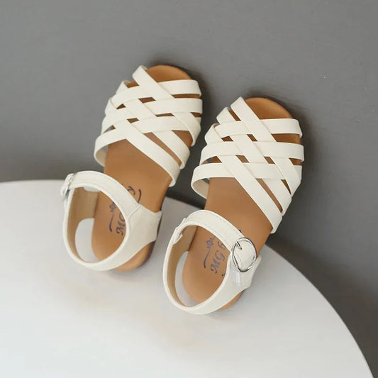 2026 Cross-tied Summer Girls Beach Shoes Classic Black White Pink Roman Sandals Cut-outs Kids Girl Sandals for Children H05144
