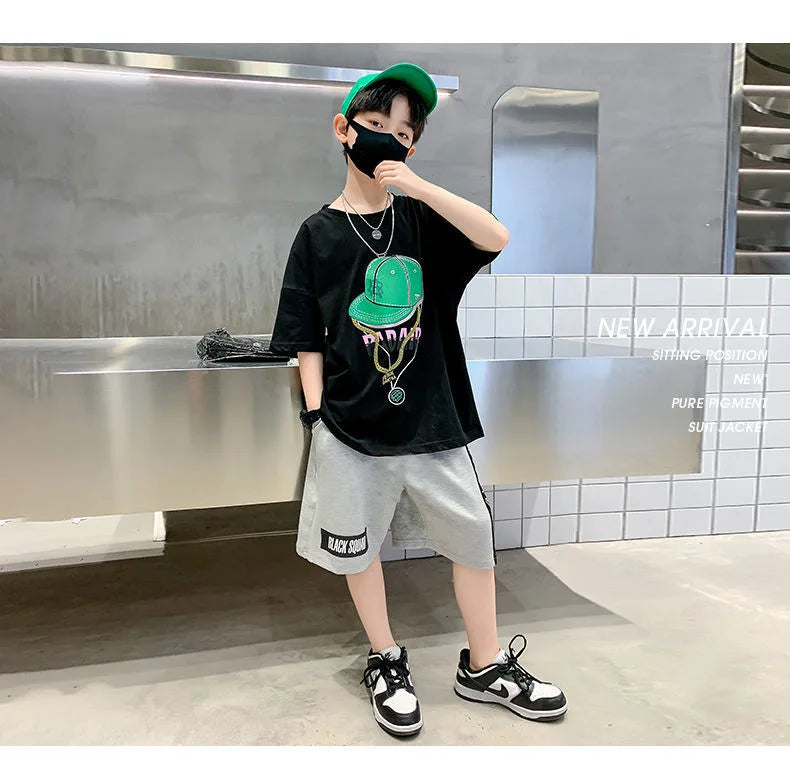 Summer Casual Boys Cotton Printed Short-Sleeved T-Shirt Tops+Short Pant Suit School Kids Tracksuit Children 2PCS Outfit 5-14 Yrs