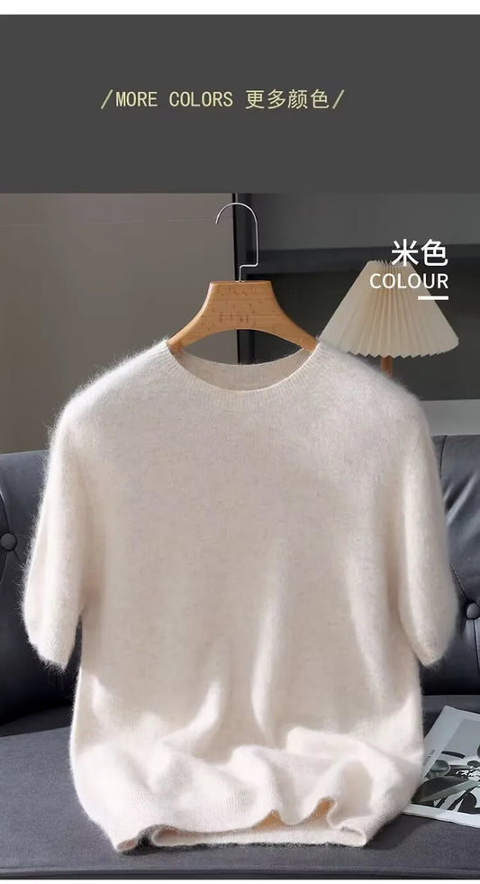 100% Mink Cashmere Knitted Short Sleeved Men's Loose Round Neck Solid Color Half Sleeved Simple T-Shirt Casual Business Cashmere