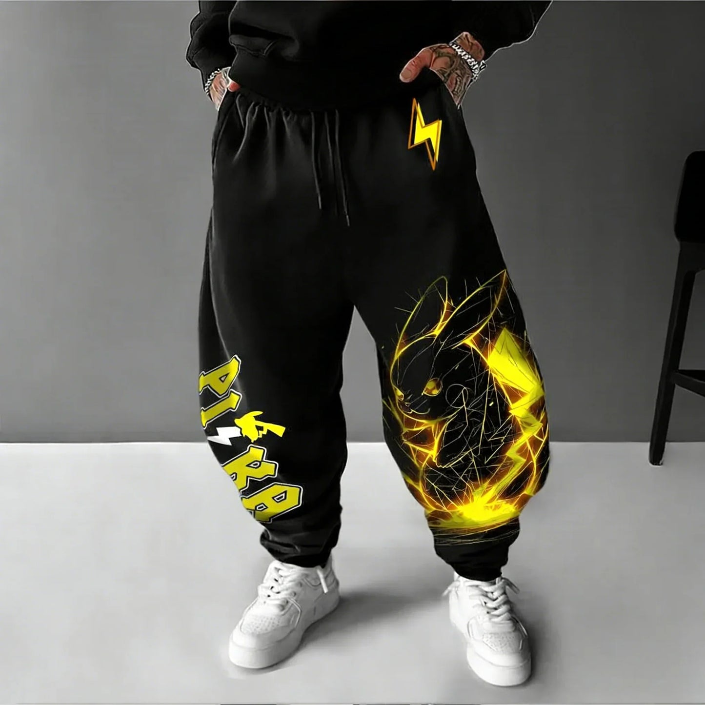 Pokemon Anime Pikachu Cotton Hoodie and Harajuku Pants Set Black Yellow Character Print Two Piece Outfit Casual Streetwear