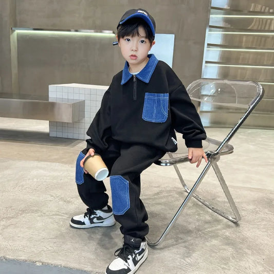 Colorblock Sweatshirt Set Children's Suit for Boy 2025 New Clothing Outdoor Clothes Winter Kids Men's Sets Boys Boy's Top Bottom
