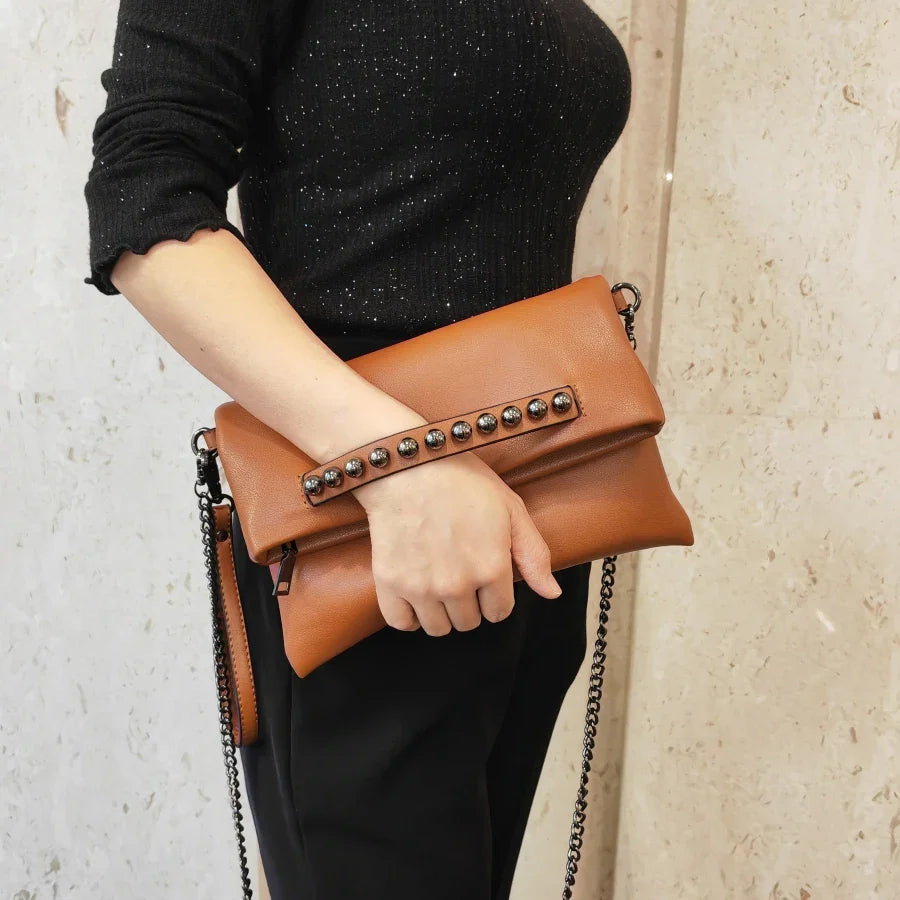 Folding design women Clutch Fashion rivets PU Leather Ladies Crossbody Bag chain Female Shoulder bag Clutches black wallet
