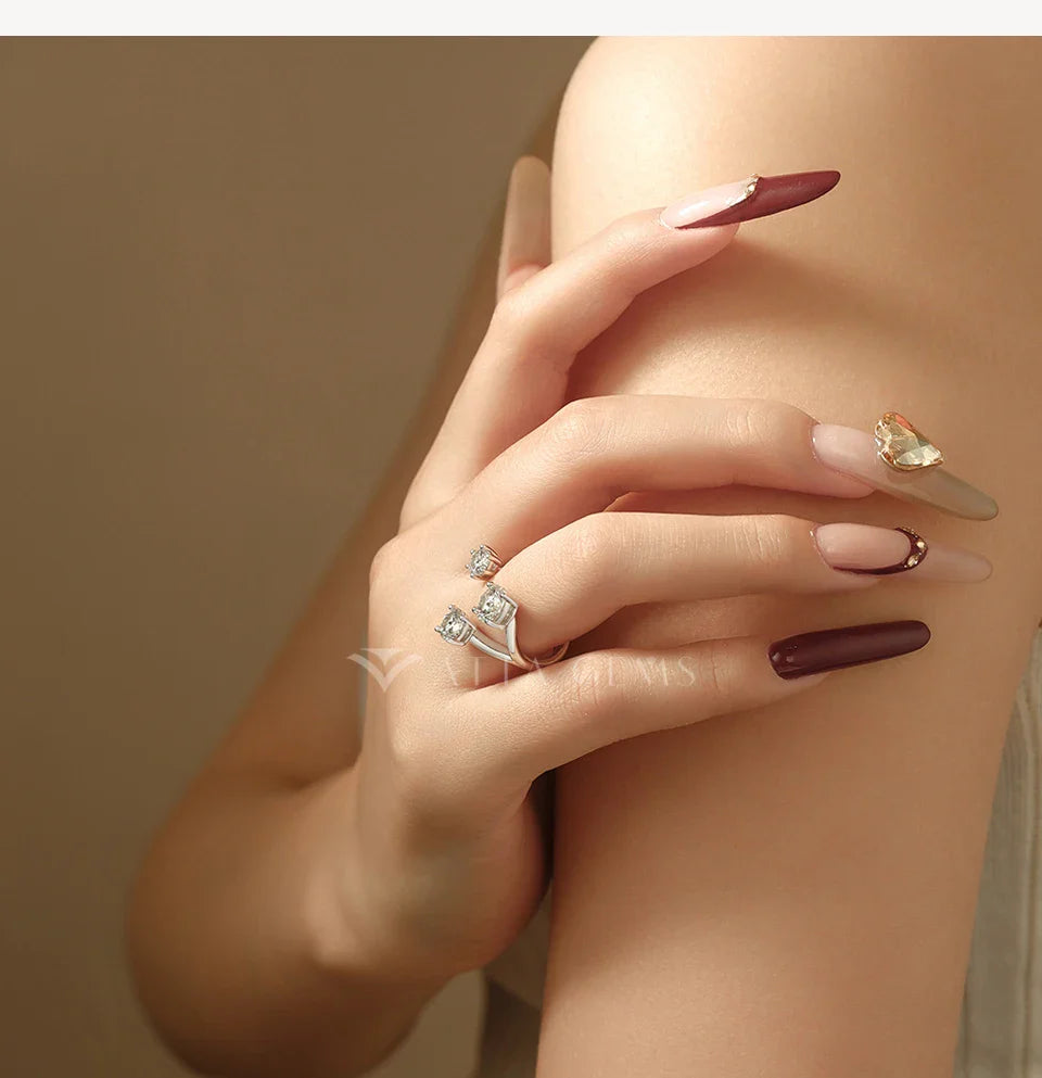 Three Stone Open Bypass Rings 925 Sterling Silver Round Cut Moissanite Women Ring Dainty Personalized Jewelry for Party