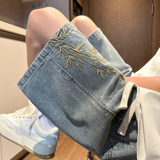 2025 Mens New Chinese Style Denim Shorts Summer Bamboo Embroidery Casual Five Inch Shorts Couple Streetwear Vintage Loose Fit Hi