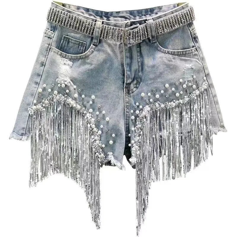 New 2026 Summer Women Heavy Beaded Rhinestone Shorts High Waist Sequin Tassel Ripped Wide Leg Hot Pants