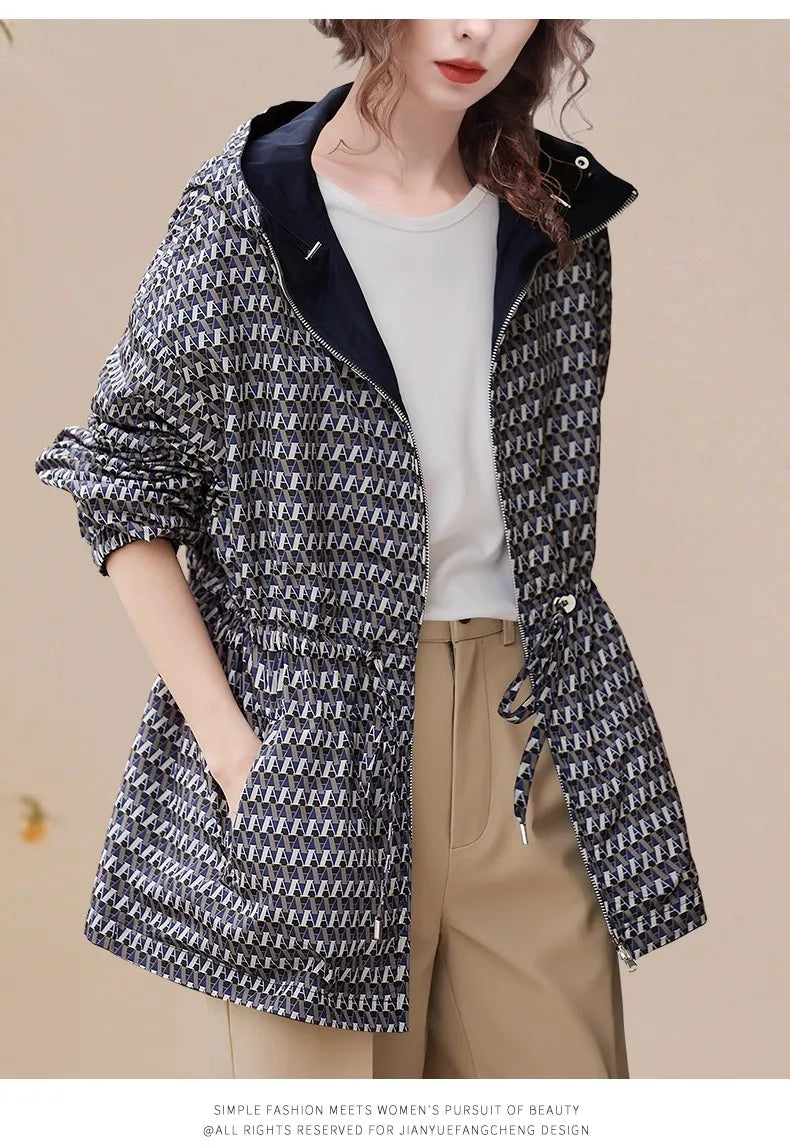 Women' Autumn New Blue Lengthened Hooded Jacket Two Sided Wearable Long Sleeve Loose Casual Sports Windproof Coat