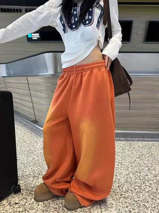 Women's Jeans Orange Mid Low Waist Washed Retro Wide Leg Loose Sports Kpop Hip-hop Street Pants Fashion Women's Pants
