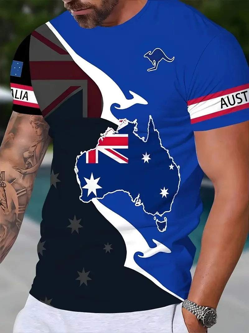Men's Australia Flag Graphic T-Shirt New In Happy Australia Day Digital Print Tshirts Casual Short Sleeve Crew Neck Tee Shirts