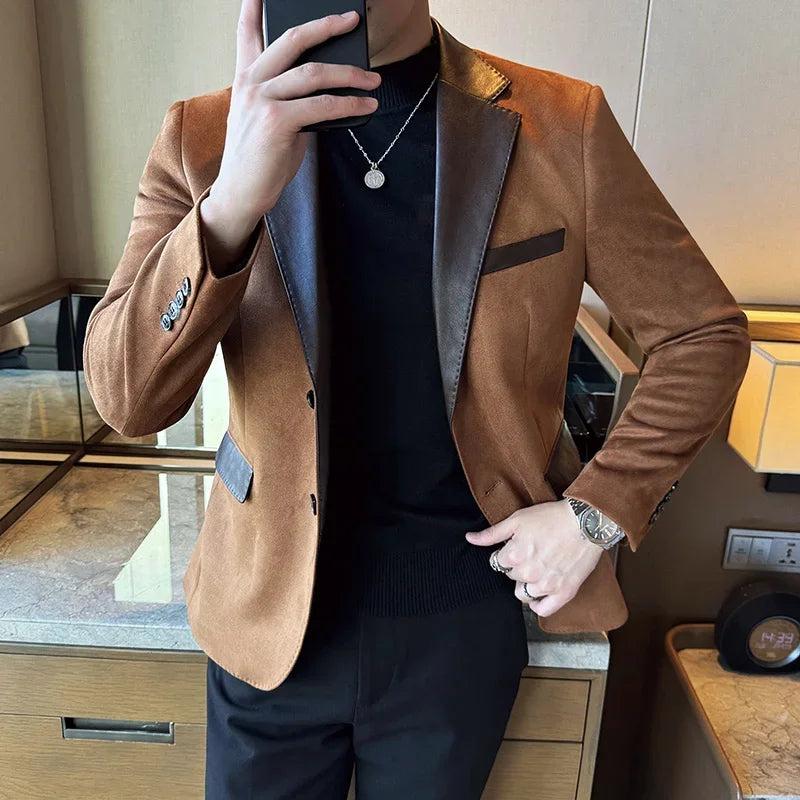 High Quality Deerskin Velvet Splicing Leather Collar Suit Blazers Men Casual Business Slim Coats Mens Social Wedding Clothing