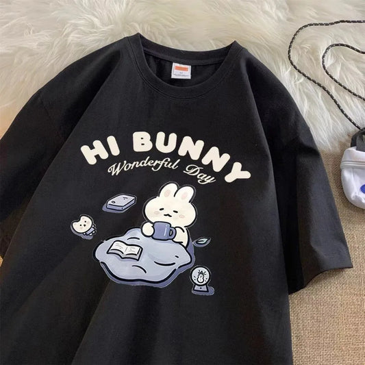 Summer Japanese Cute Tea-drinking Rabbit Printed Short-sleeved T-shirt for Ladies and Boys Same Loose Casual Large-size Top