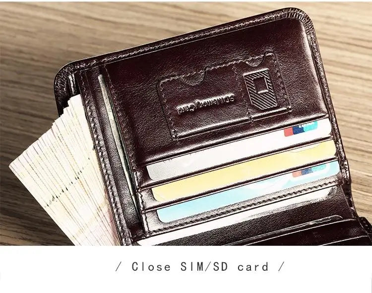 Luxury Men Wallet Slim Genuine Cow Leather Male RFID Trifold Short Purse For Men with ID Window and Credit Card Holder