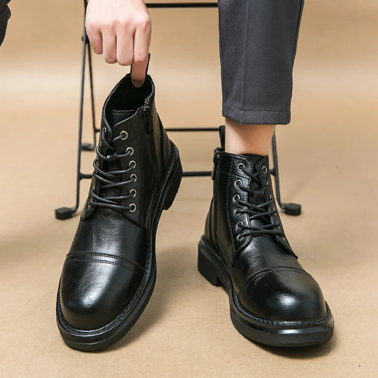 Men Black Leather Boots Casual Lace Up Leather Shoes Size 39-46