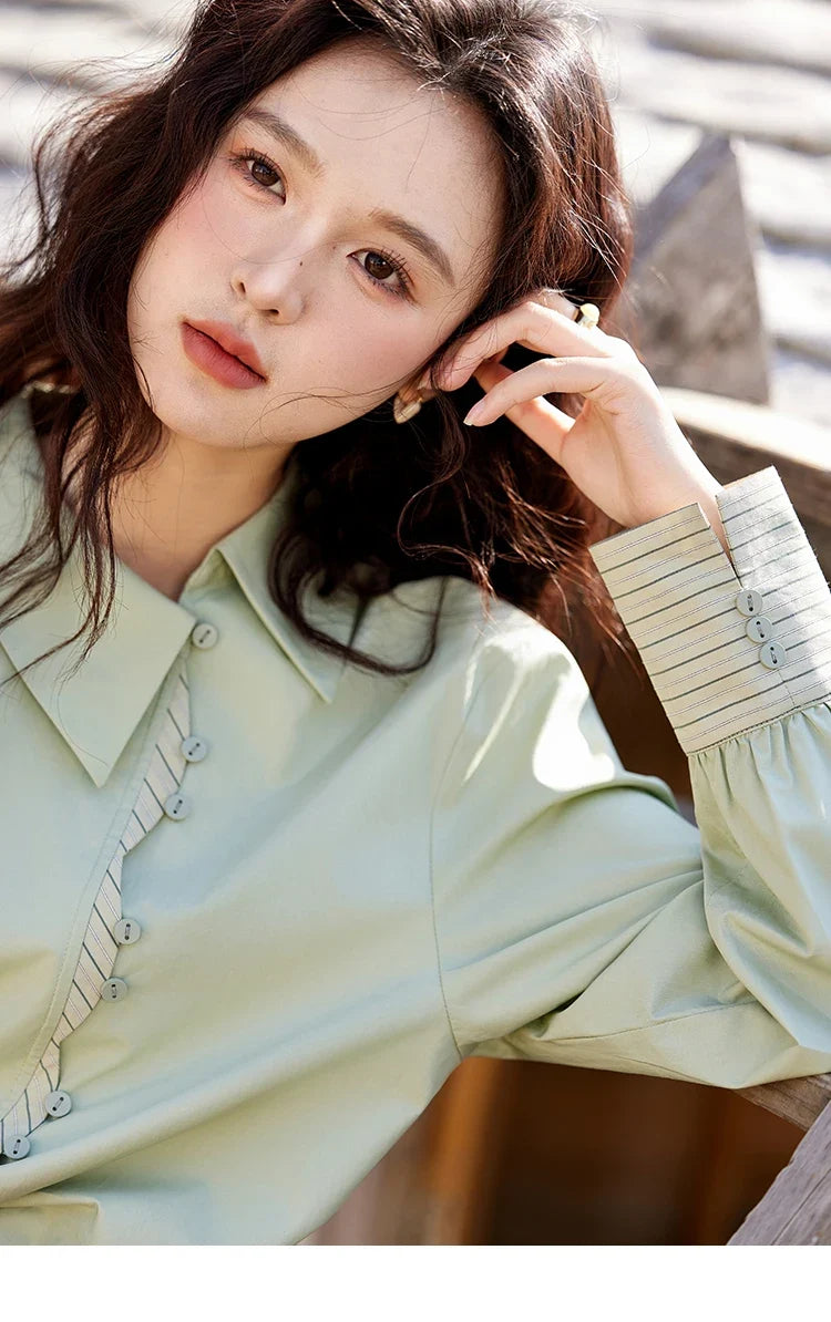 Striped Patchwork Shirt for Women Spring 2025 Irregular Single Breasted Buckle Shirts Lapel Tops Office Lady MXE12C0412