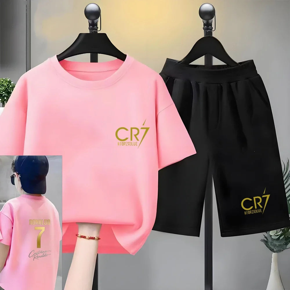 Children Short-sleeved T-shirt+Shorts Football Player Player No. 7 Print Boys Girls Toddler 3-12Yrs Sports Set Summer Clothing