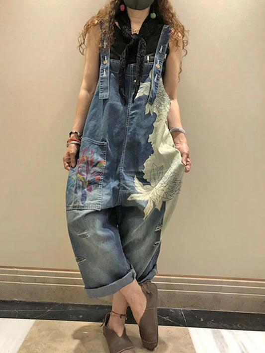 2025 Females Fashion Overalls Ladies Summer Printed Denim Pantalons Vintage Casual Jeans Womens Loose Vintage Trousers