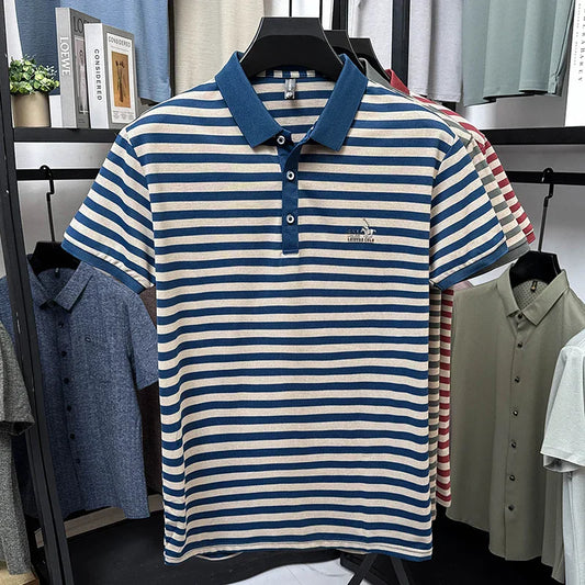 Summer High End Man Polo Shirt Striped Lapel Short Sleeve Horse Lette Print New Breathable T-Shirt Classic Commuter Menswear Top