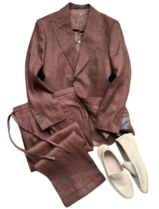 British Style Mens Linen Thin Suit Sets Slim Single Breasted Retro Blazers Pant Outfits Spring Summer Male Coat Two-Piece Set