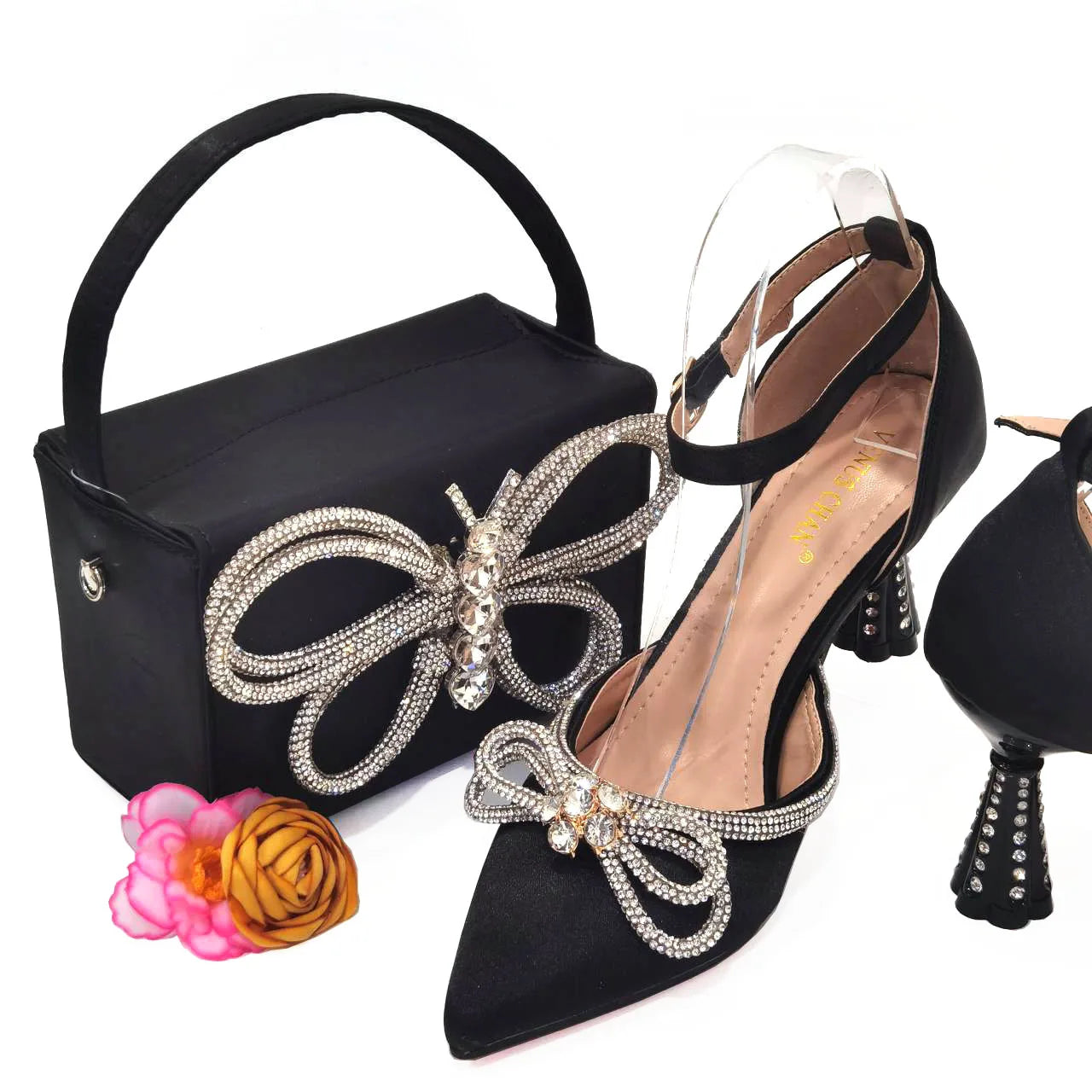 2023 Ladies Pointed-Toe Party High Heels Magenta Colour Bow Rhinestone Stereo Bag Evening African Wedding Shoe And Bag Set