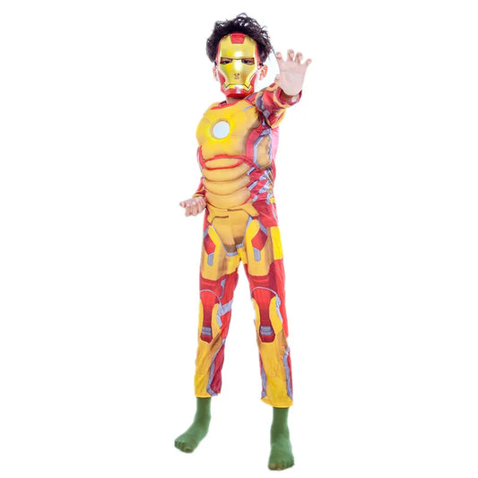 Kids Yellow Iron Costume Superhero Muscle Suit with Mask Role Play Costume for Halloween Christmas Party Performance