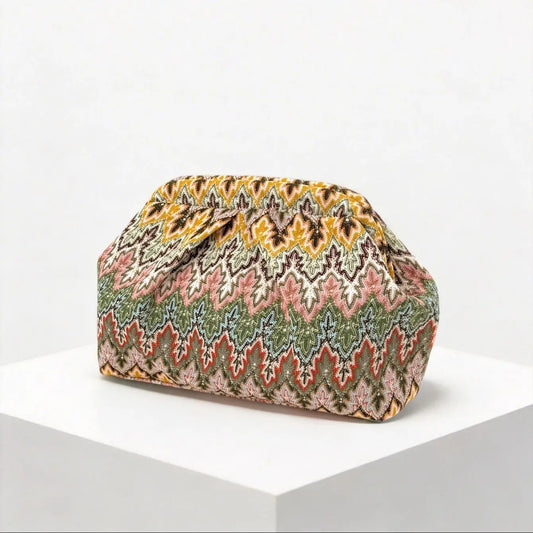 Vintage Ethnic Style Knitted Jacquard Clutch Bag for Women, European and American Bohemian Color-Blocking Pleated Cloud Dumpling Bag, Niche Design Large Capacity Portable Makeup Storage Bag, Suitable for Commuting, Evening Ev