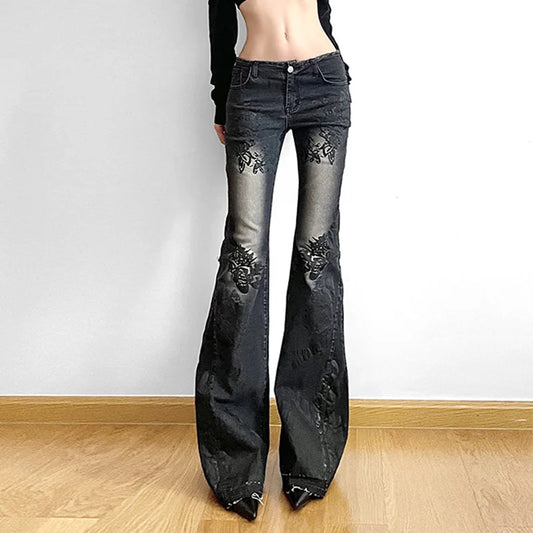 Women's Jeans New American Retro Street Style Plant Print Washed Vintage Low-Rise Flare Pants Trendy Versatile
