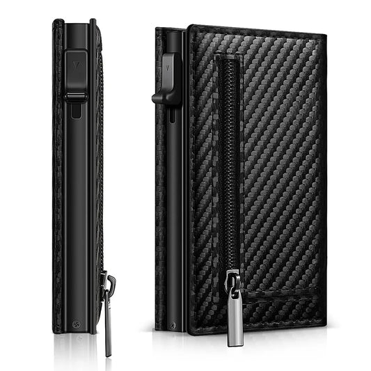 Porte-cartes magnétique en fibre de carbone pour homme, portefeuille triple en cuir avec RFID et fermeture éclair, portefeuille intelligent Pop Up AirTag