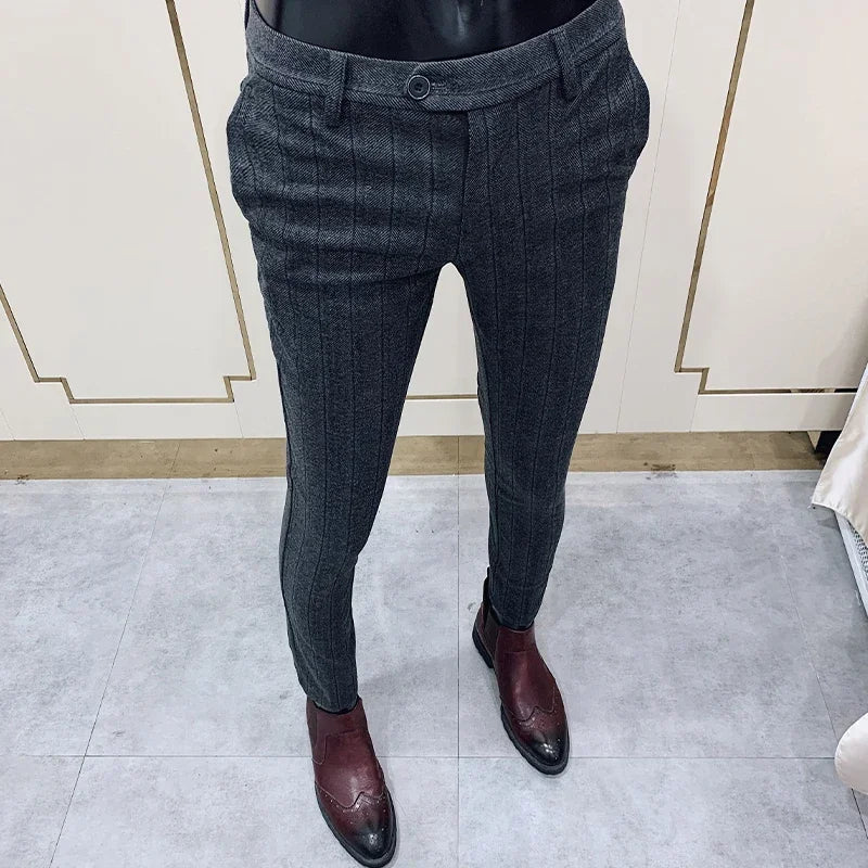 Autumn Winter Striped Woolen Cloth Suit Pants Men Casual Slim Straight Warm Trousers Formal Business Social Office Dress Pants