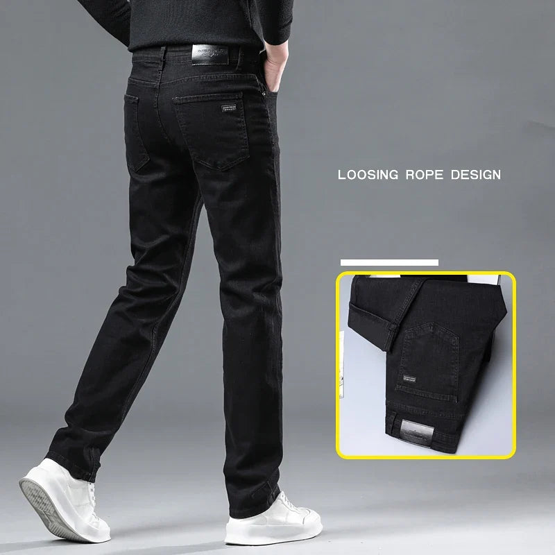 Men's Pure Black Jeans Version Trendy Straight Fit Pants Men's Comfortable Elastic Classic Business Jeans brand Denim Trousers