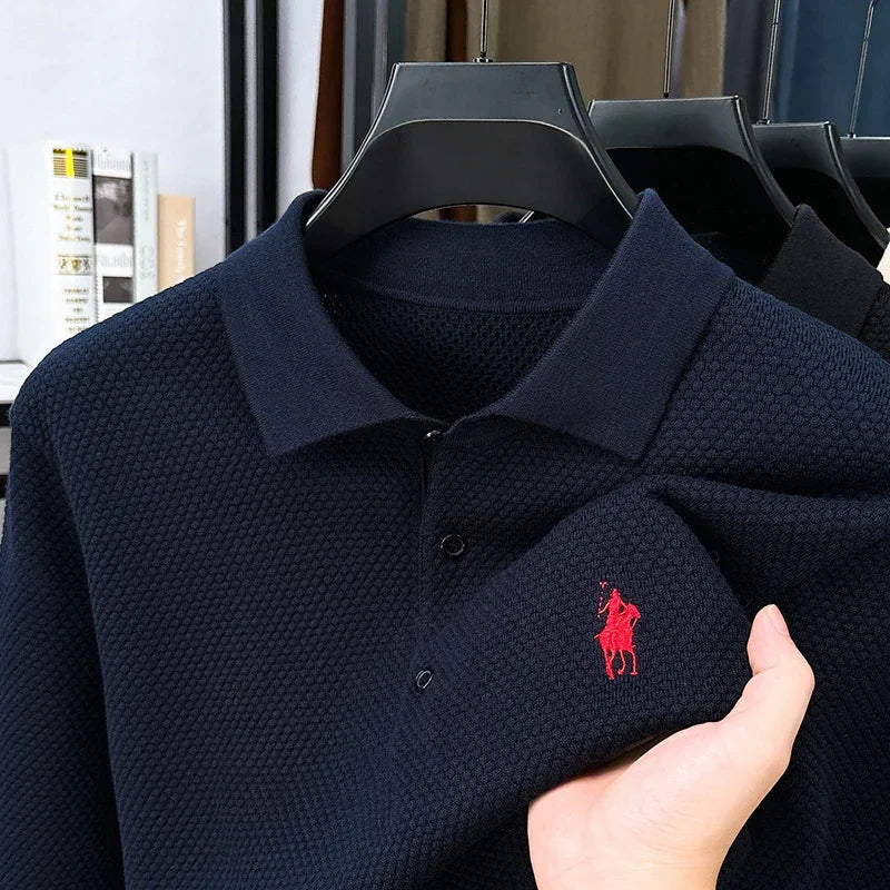 High-end Quality Men's Casual Outdoor Pineapple Pattern Knitted Long-sleeve Polo Shirt (eco-cotton, No Shrinkage No Deformation)