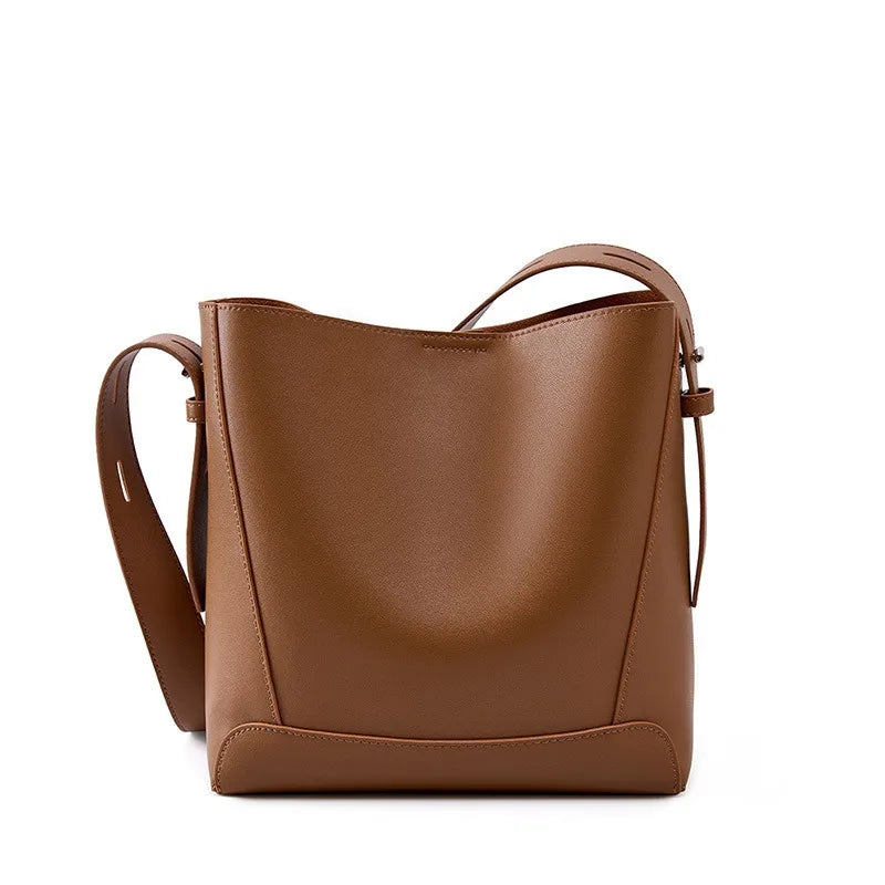 New 2026 TrendyTwo Layer Cow Leather Shopper Shoulder Bag Commuter Large Bucket Handbag Simple High Quality Women Tote Bag