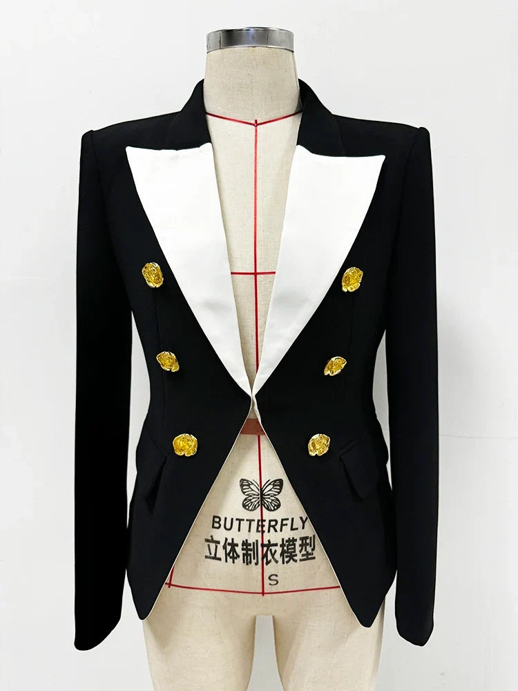 HIGH STREET Newest Fashion 2026 Designer Jacket Women's Slim Fitting Rose Metal Buttons Color Block Blazer