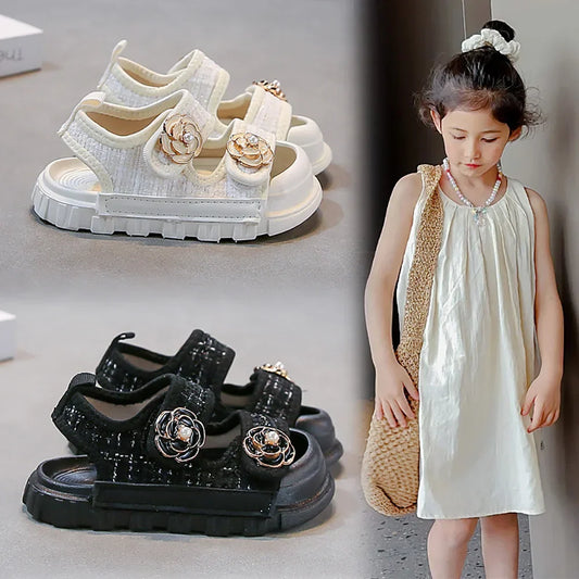 Korean Style Summer Sandals For Girls Luxury Pearl Flower Children's Beach Shoes Ergonomics Soft-soled Kid's Girl's Sandals