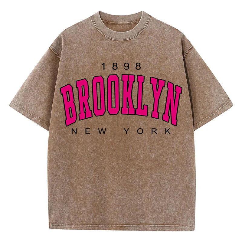 Womans Cotton Washed T-Shirts Fashion Loose O-Neck Short Sleeve Brooklyn New York Printing Tops Summer Street Female Clothes
